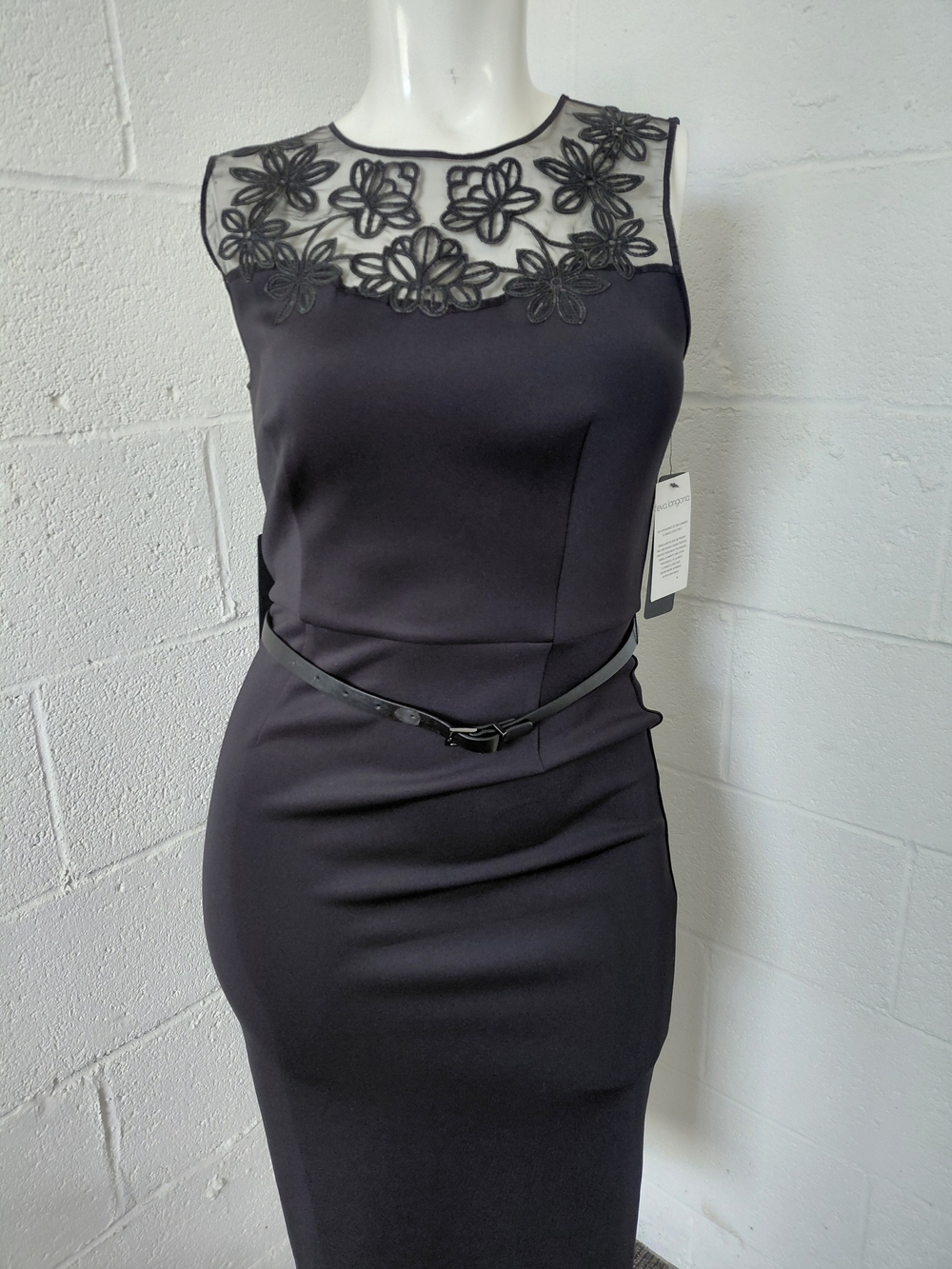 Sleeveless Black Midi Dress with Floral Mesh Yoke and Slim Belt